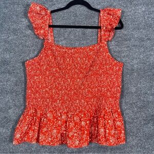 Madewell Women’s 18W Red‎ Orange Floral Lucie Smocked Peplum Ruffle Tank Top